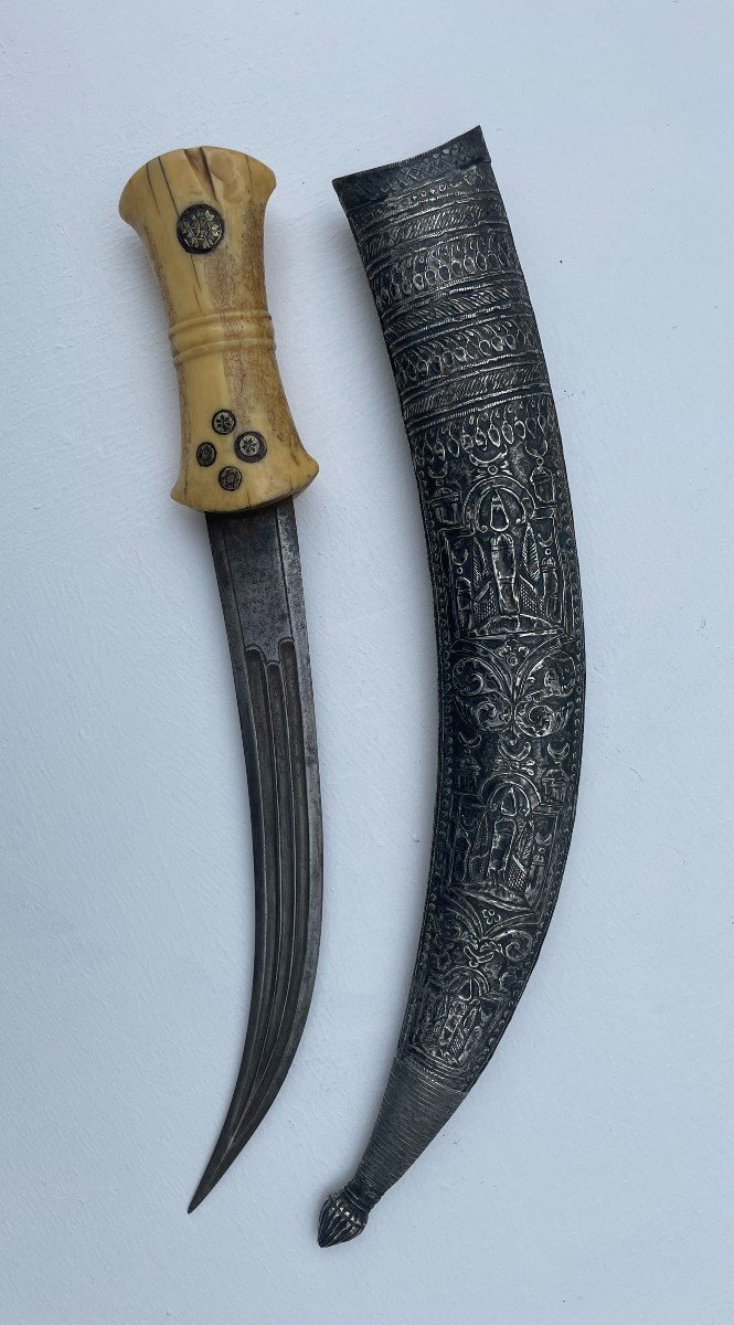 Poignard, kindjal Khandjar Empire Ottoman Caucase XIXe siècle ivoire marin et fourreau argent -photo-4