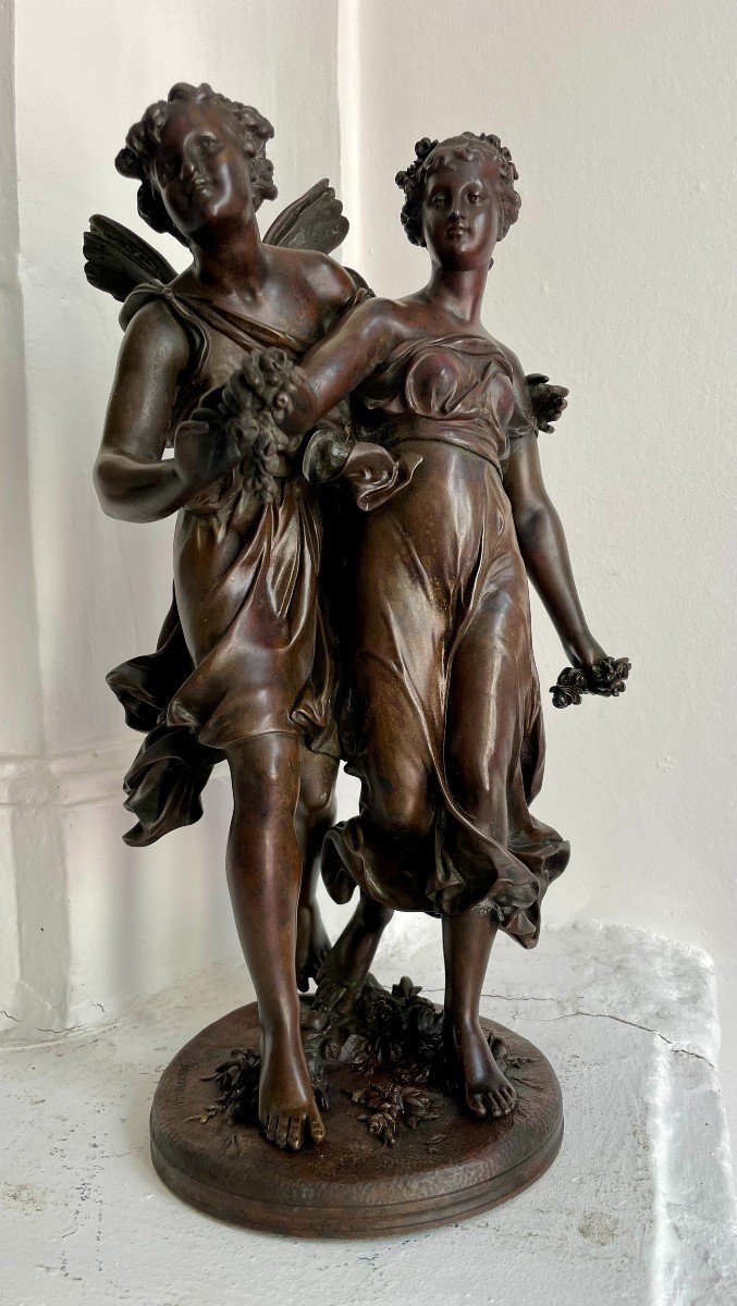 Henry étienne Dumaige 1830-1888 Bronze Sculpture Group Flora & Zéphyr 19th Century 6.9kg 36cm Signed 