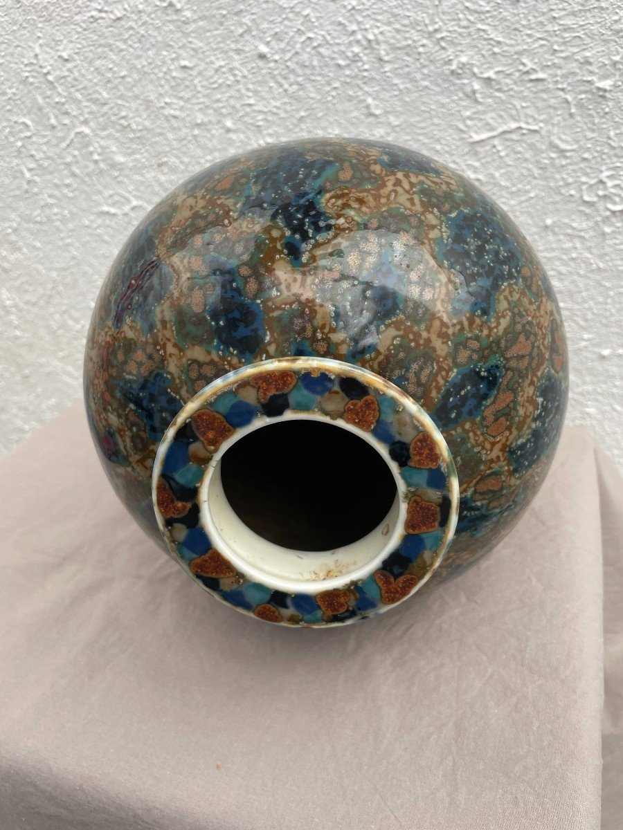 Camille Tharaud (1878-1956) Vase Boule En Porcelaine Décor émaillé Abstrait Haut 25cm Art Deco -photo-5