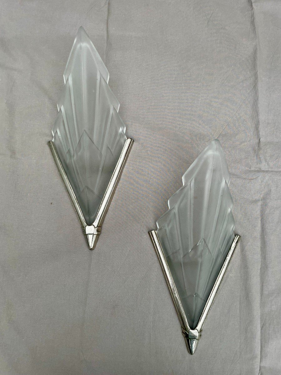 David Gueron Degué 1892-1950 Pair Of Art Deco Glass Wall Lights Signed Compiègne 1930-photo-2