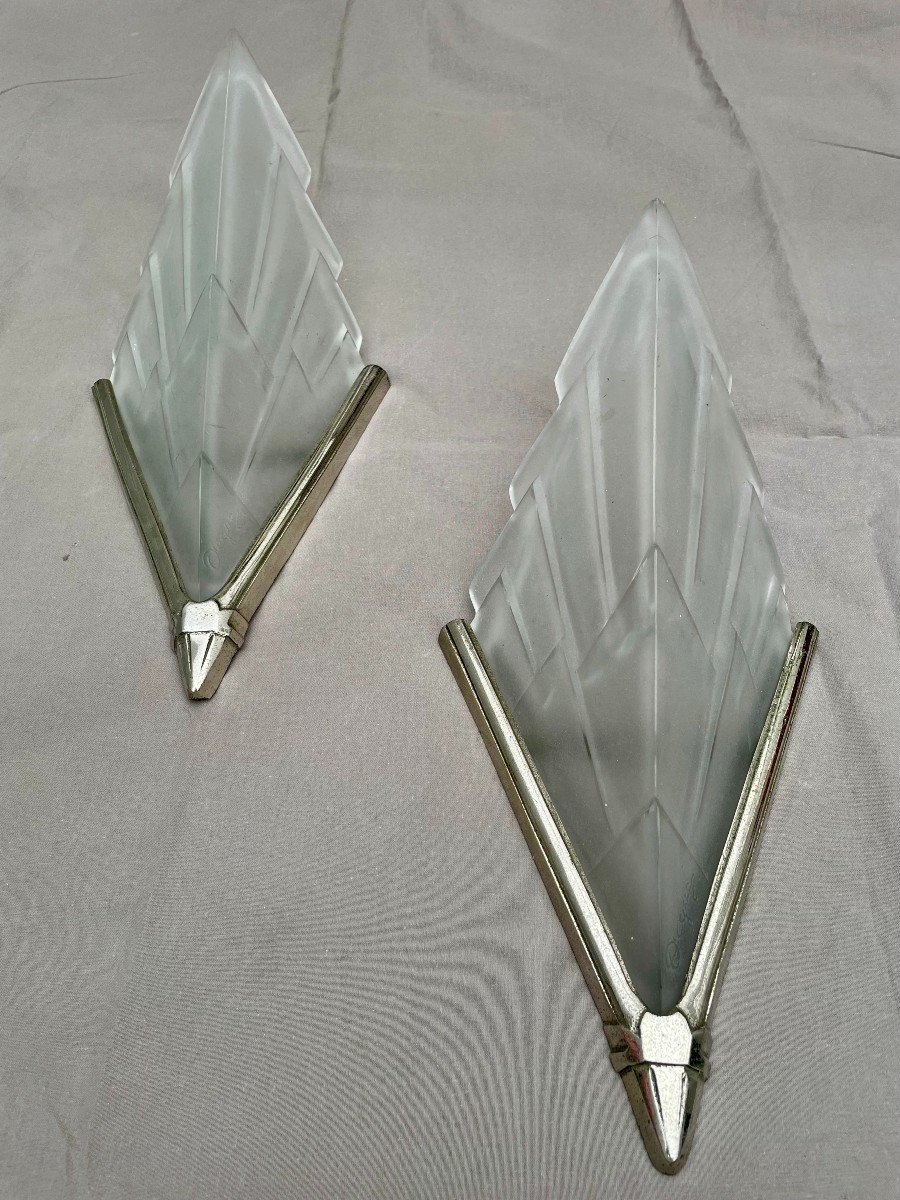 David Gueron Degué 1892-1950 Pair Of Art Deco Glass Wall Lights Signed Compiègne 1930-photo-4