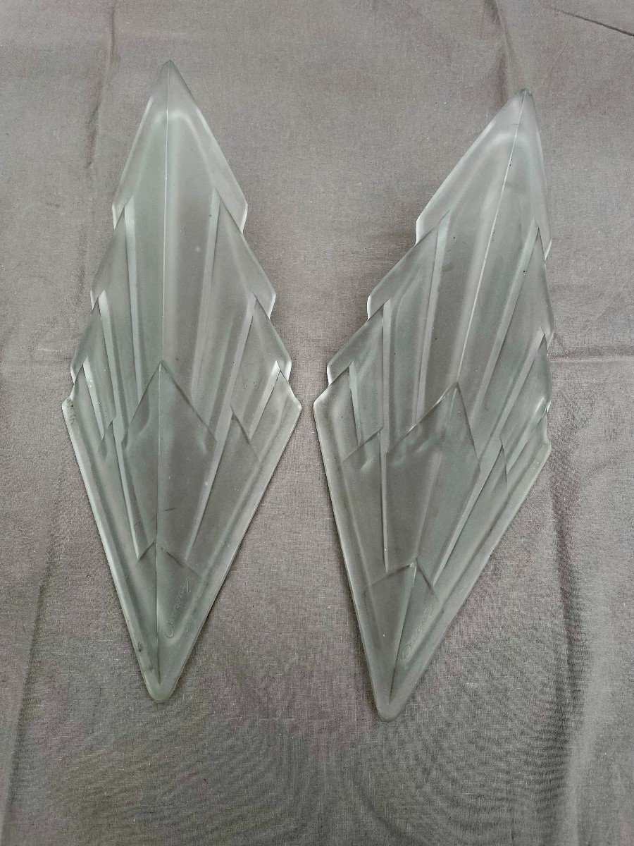 David Gueron Degué 1892-1950 Pair Of Art Deco Glass Wall Lights Signed Compiègne 1930-photo-7