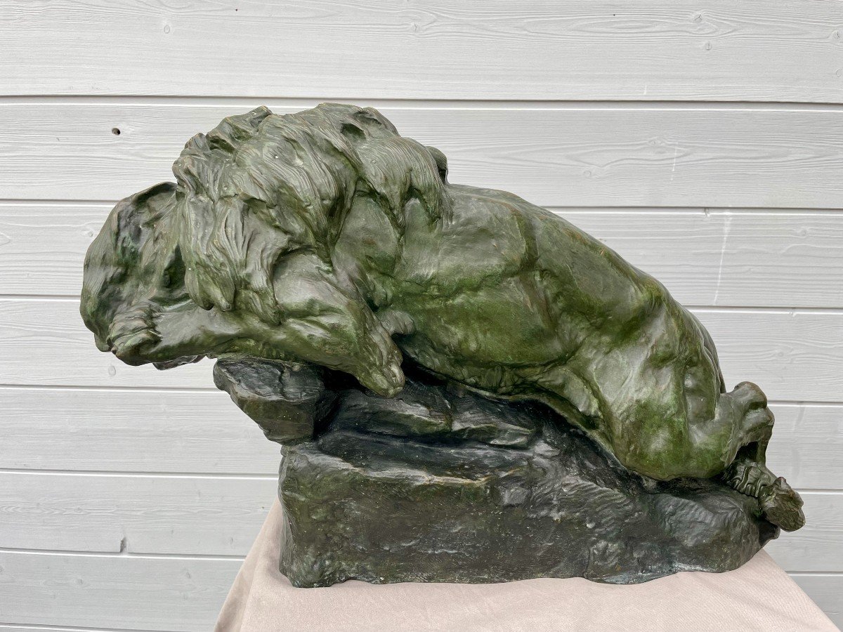 Thomas François Cartier 1879 -1943 Roaring Lion Sculpture Bronze With Green Patina 30kg 60x36cm-photo-3