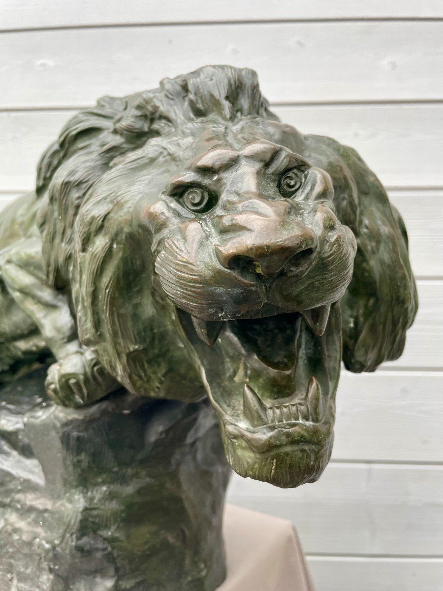 Thomas François Cartier 1879 -1943 Roaring Lion Sculpture Bronze With Green Patina 30kg 60x36cm-photo-2