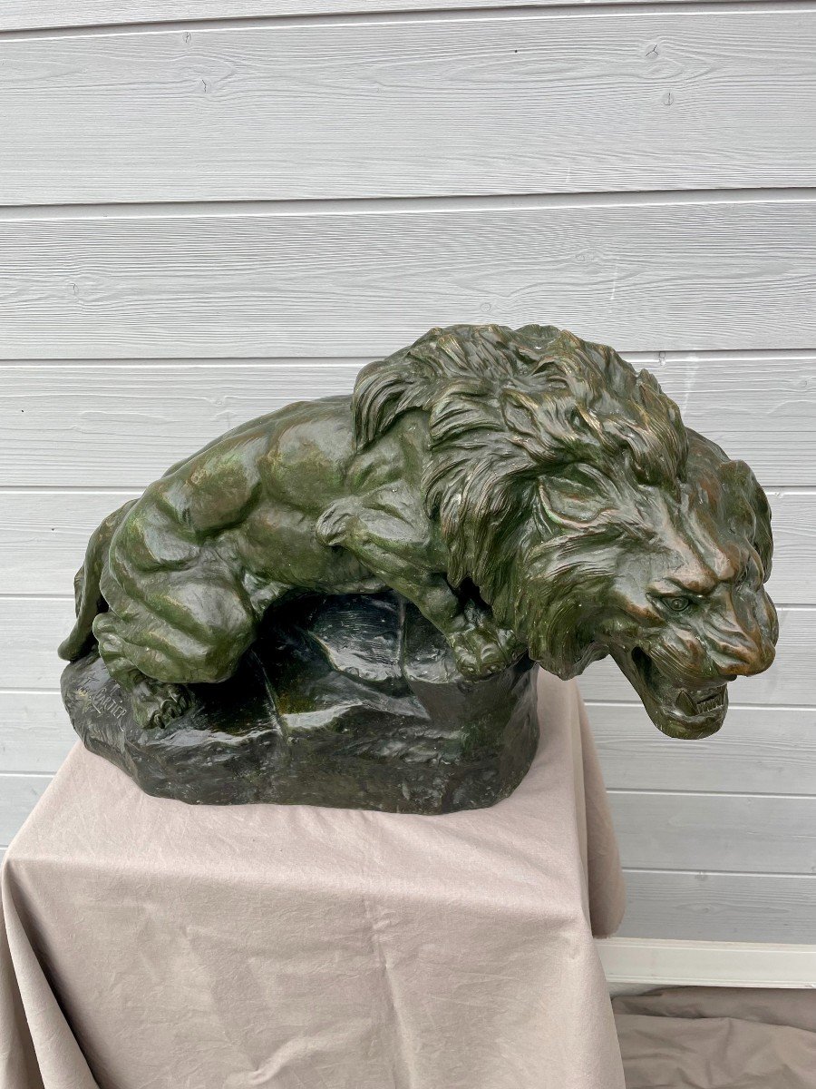 Thomas François Cartier 1879 -1943 Roaring Lion Sculpture Bronze With Green Patina 30kg 60x36cm-photo-6