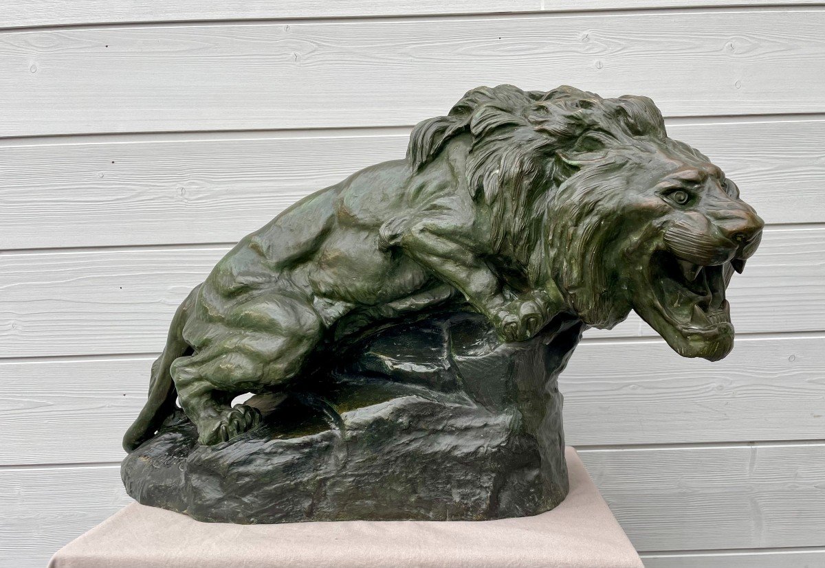 Thomas François Cartier 1879 -1943 Roaring Lion Sculpture Bronze With Green Patina 30kg 60x36cm