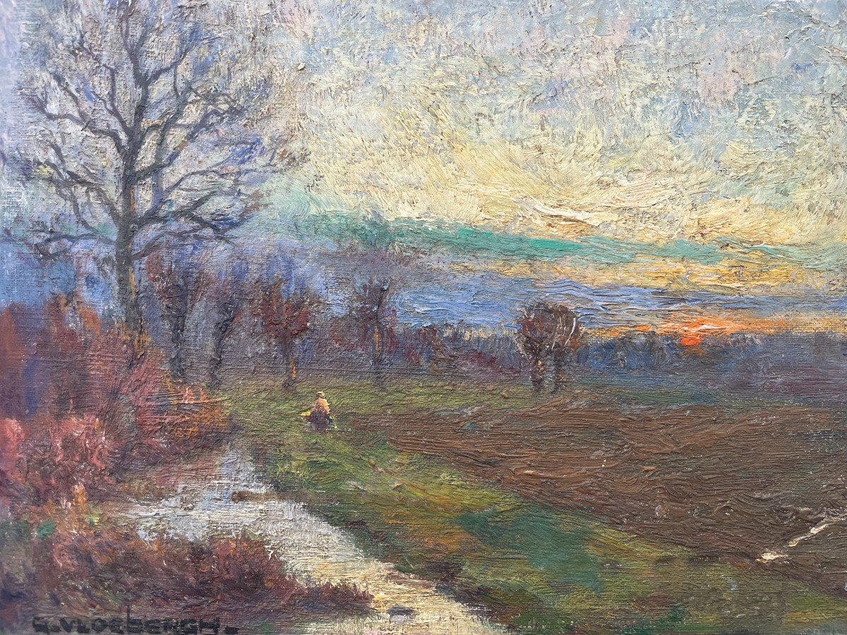 Guillaume Vloebergh (1884 - 1967) Belgian School Oil On Canvas Countryside Landscape Sunset-photo-2