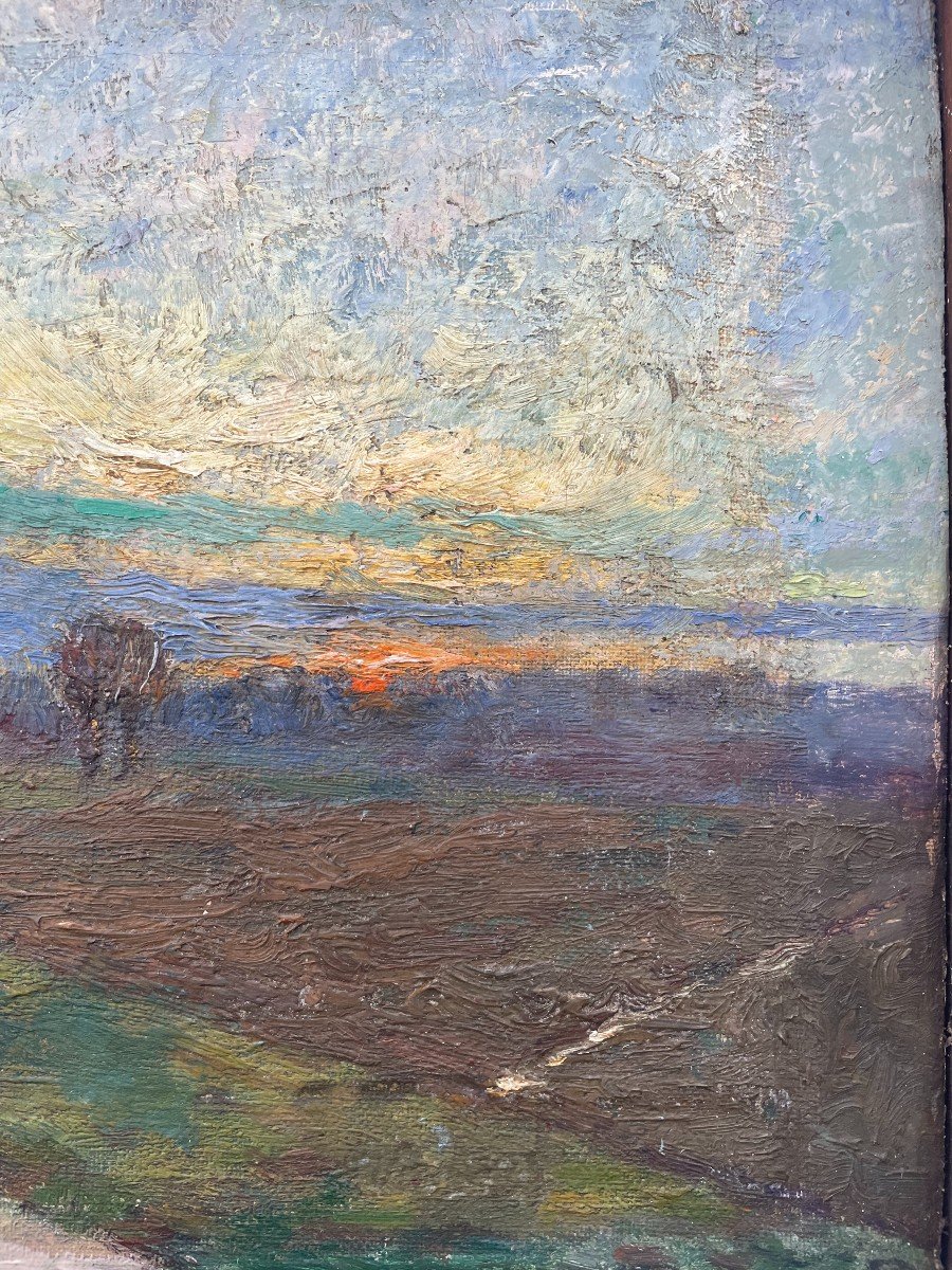 Guillaume Vloebergh (1884 - 1967) Belgian School Oil On Canvas Countryside Landscape Sunset-photo-2