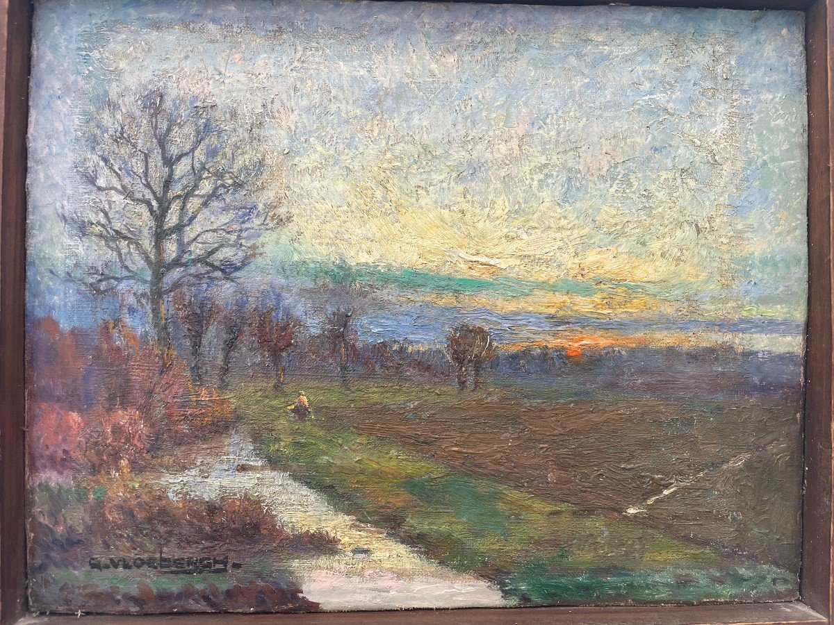 Guillaume Vloebergh (1884 - 1967) Belgian School Oil On Canvas Countryside Landscape Sunset-photo-3