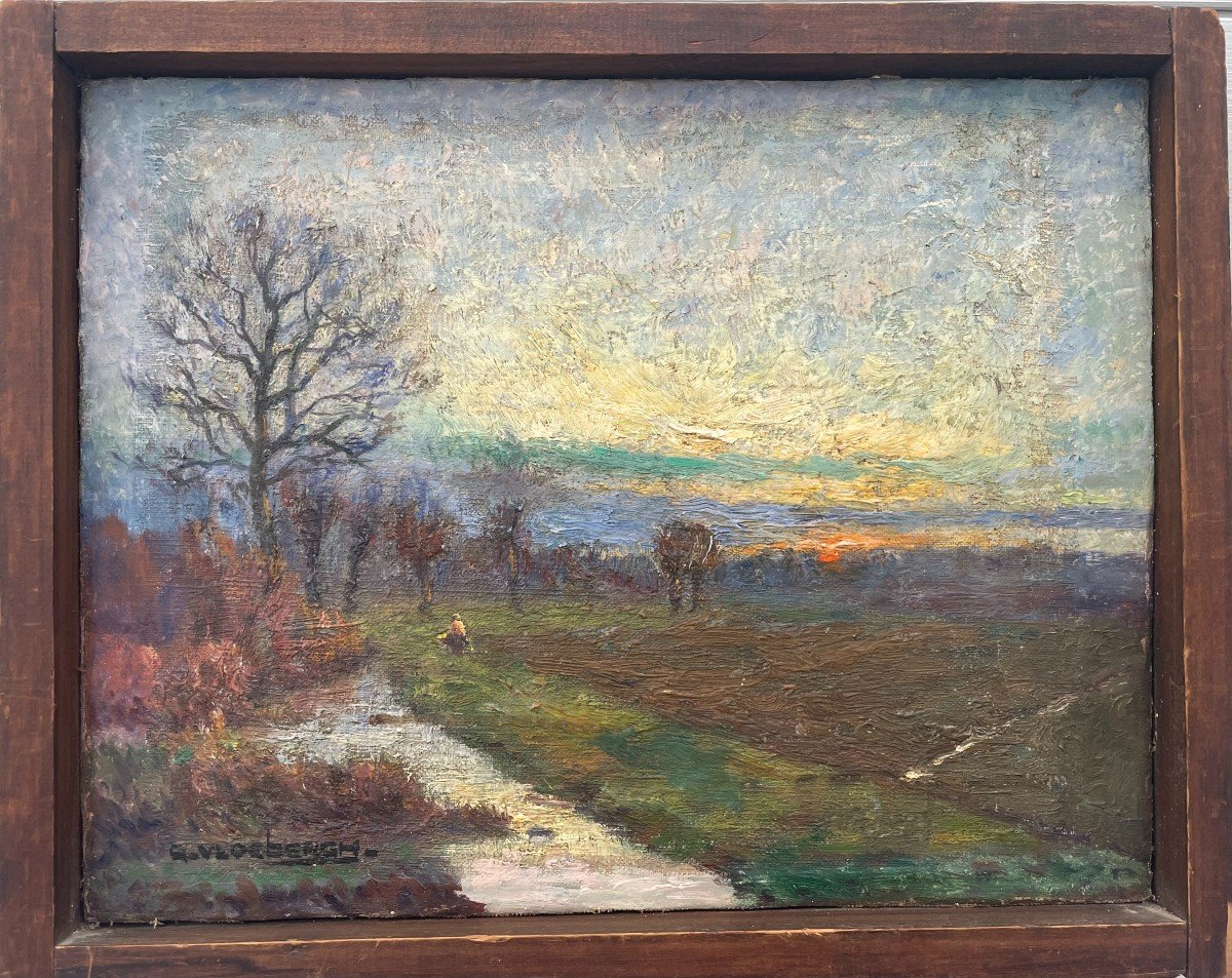 Guillaume Vloebergh (1884 - 1967) Belgian School Oil On Canvas Countryside Landscape Sunset