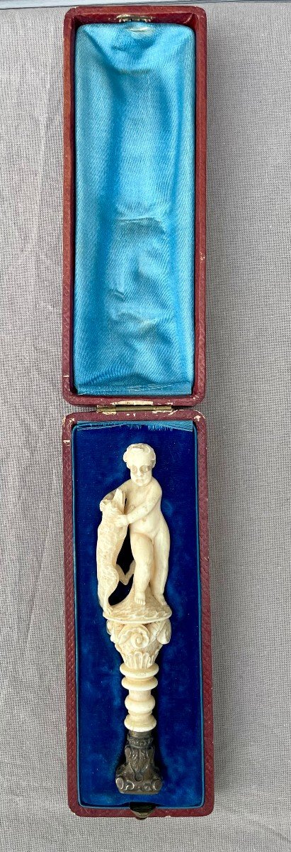 Ivory Marine Seal Stamp Initials Cb Putto Child & His Dog 19th Century Velvet Morocco Case -photo-2