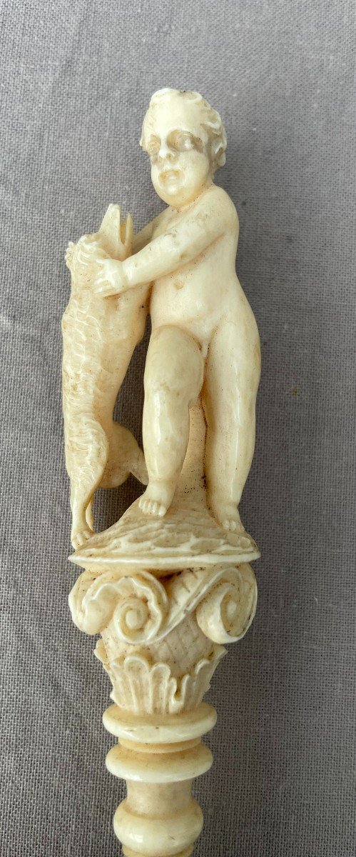 Ivory Marine Seal Stamp Initials Cb Putto Child & His Dog 19th Century Velvet Morocco Case -photo-3