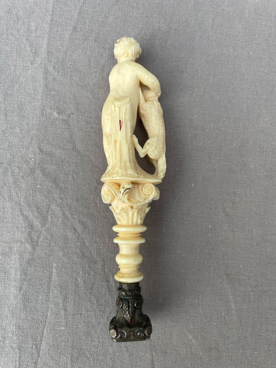 Ivory Marine Seal Stamp Initials Cb Putto Child & His Dog 19th Century Velvet Morocco Case -photo-4