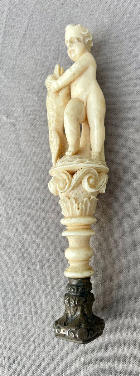 Ivory Marine Seal Stamp Initials Cb Putto Child & His Dog 19th Century Velvet Morocco Case -photo-1