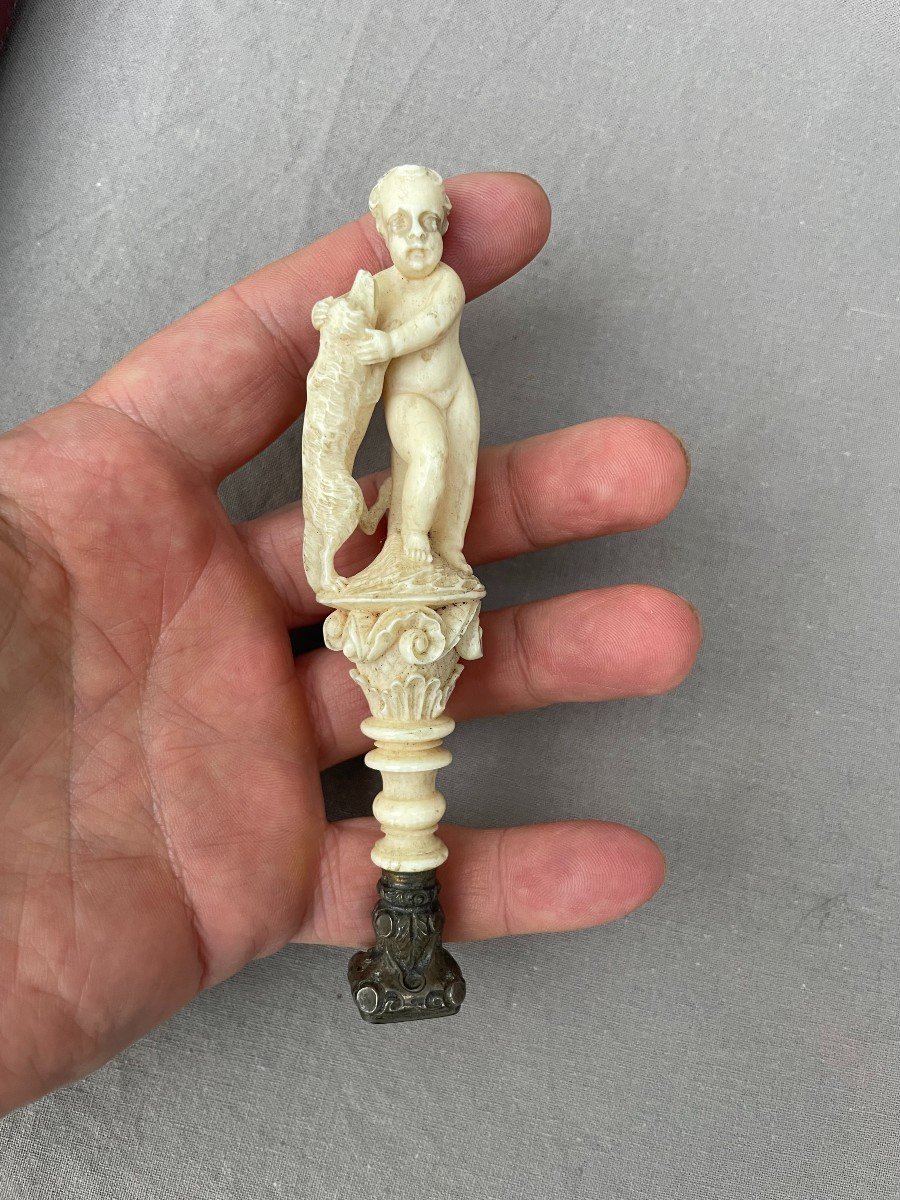 Ivory Marine Seal Stamp Initials Cb Putto Child & His Dog 19th Century Velvet Morocco Case -photo-4