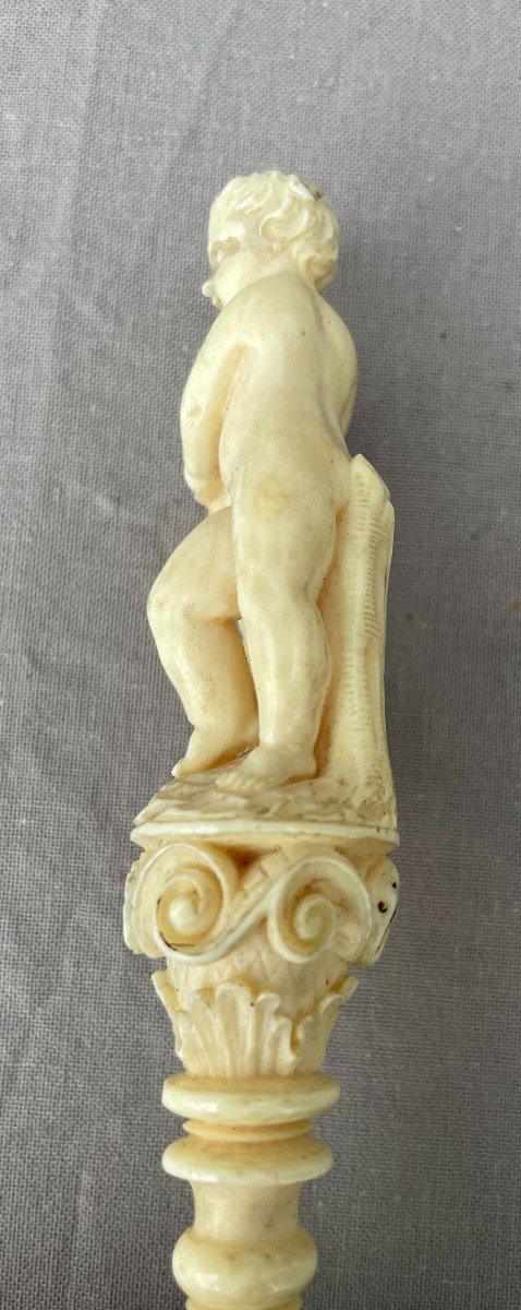 Ivory Marine Seal Stamp Initials Cb Putto Child & His Dog 19th Century Velvet Morocco Case -photo-5