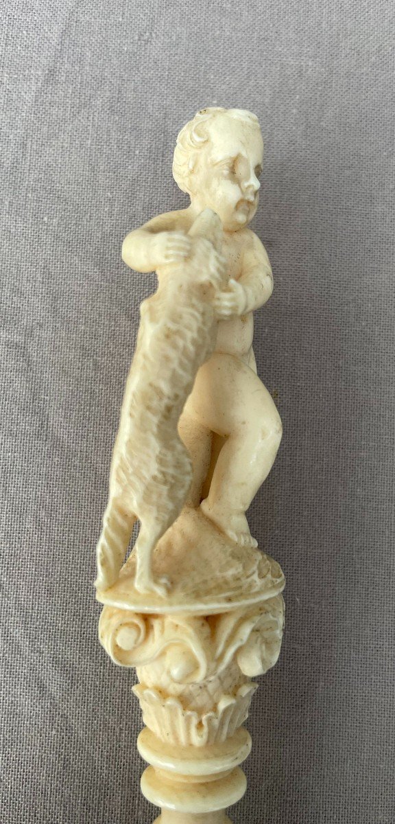 Ivory Marine Seal Stamp Initials Cb Putto Child & His Dog 19th Century Velvet Morocco Case -photo-6