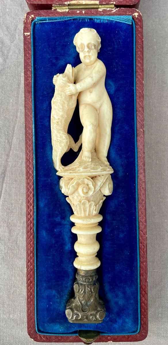 Ivory Marine Seal Stamp Initials Cb Putto Child & His Dog 19th Century Velvet Morocco Case 