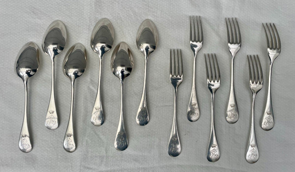 Hénin & Cie End Of 19th Century Six 6 Solid Silver Table Cutlery Uniplat Ms Couronne Comte 1.010kg-photo-2