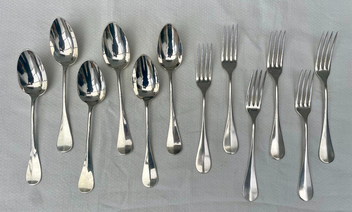 Hénin & Cie End Of 19th Century Six 6 Solid Silver Table Cutlery Uniplat Ms Couronne Comte 1.010kg-photo-3