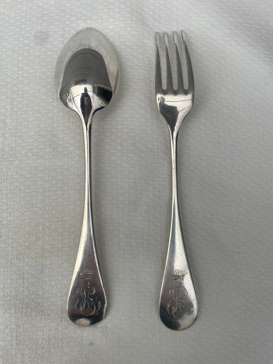 Hénin & Cie End Of 19th Century Six 6 Solid Silver Table Cutlery Uniplat Ms Couronne Comte 1.010kg-photo-4