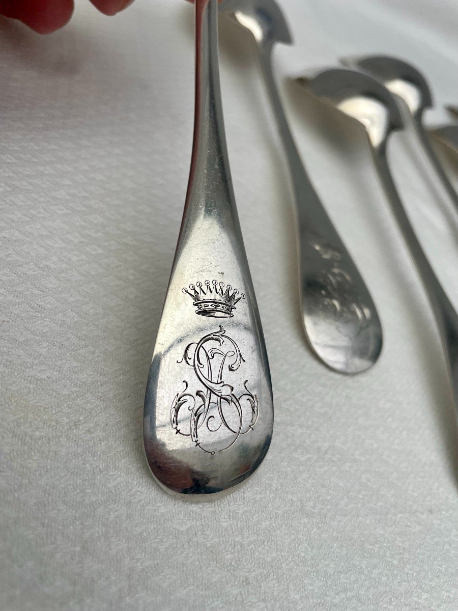 Hénin & Cie End Of 19th Century Six 6 Solid Silver Table Cutlery Uniplat Ms Couronne Comte 1.010kg-photo-4