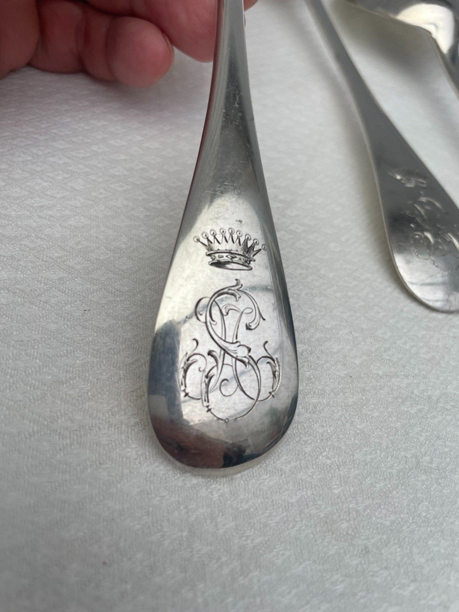 Hénin & Cie End Of 19th Century Six 6 Solid Silver Table Cutlery Uniplat Ms Couronne Comte 1.010kg-photo-6