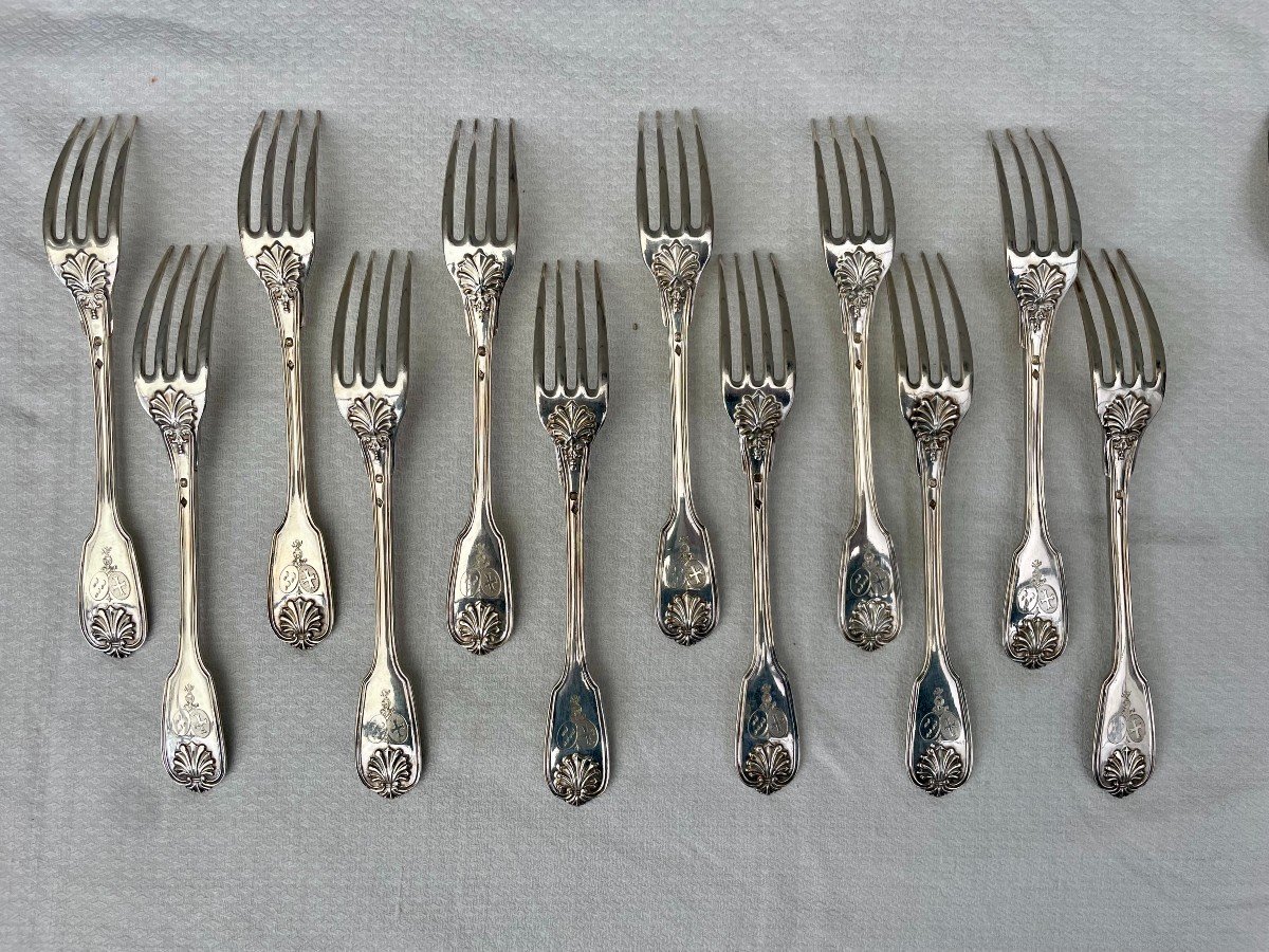 Louis-victor-eloy Lenain 12 Solid Silver Place Settings With Salvert & Serpette De Berseaucourt Coat Of Arms-photo-2