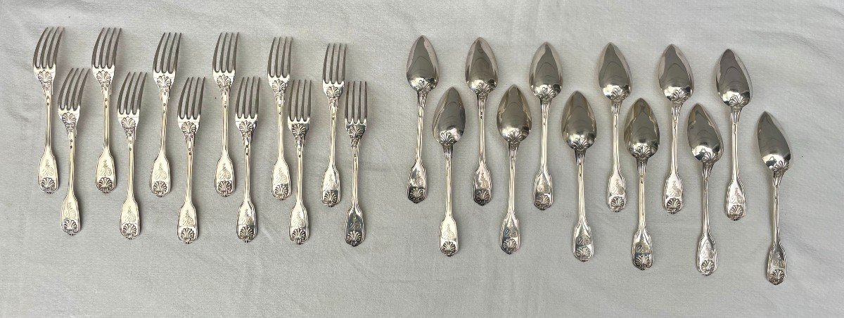 Louis-victor-eloy Lenain 12 Solid Silver Place Settings With Salvert & Serpette De Berseaucourt Coat Of Arms-photo-3