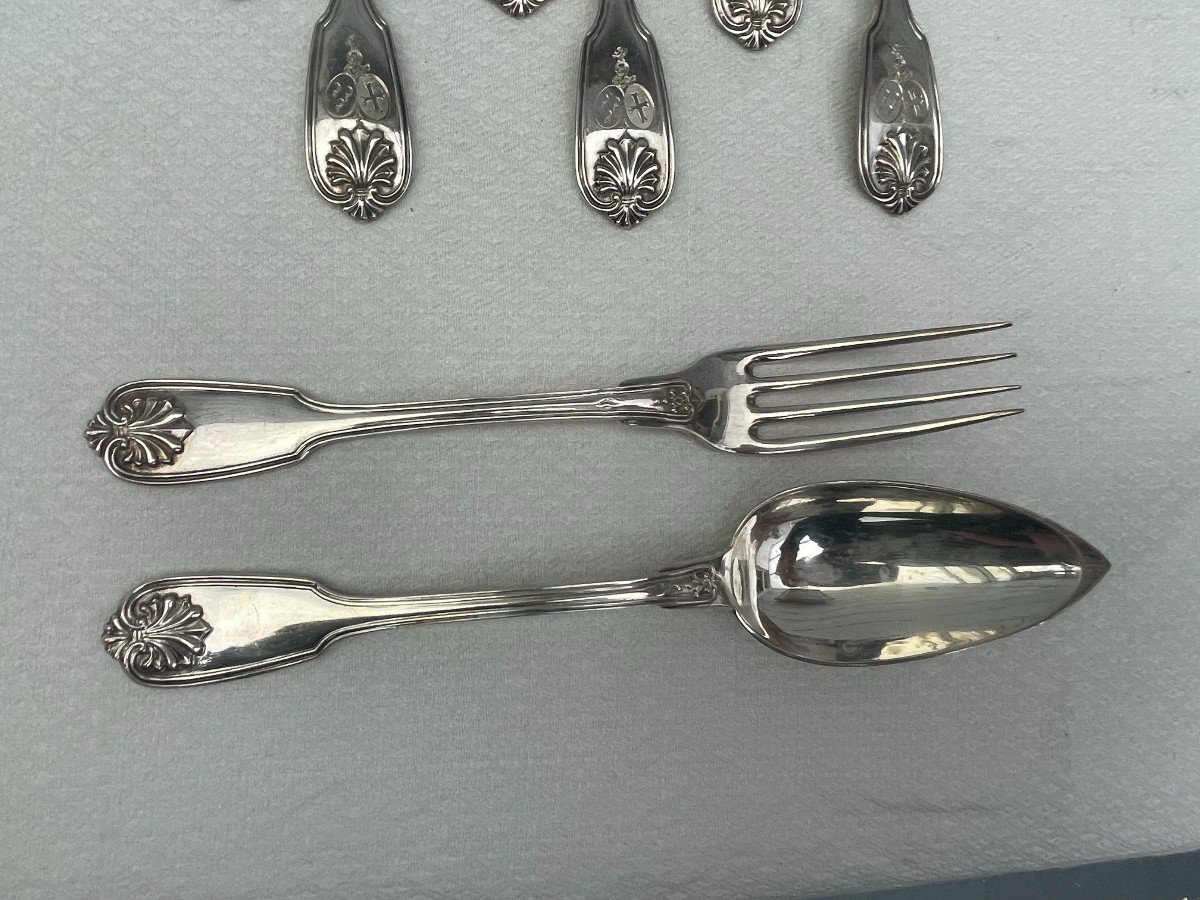 Louis-victor-eloy Lenain 12 Solid Silver Place Settings With Salvert & Serpette De Berseaucourt Coat Of Arms-photo-1