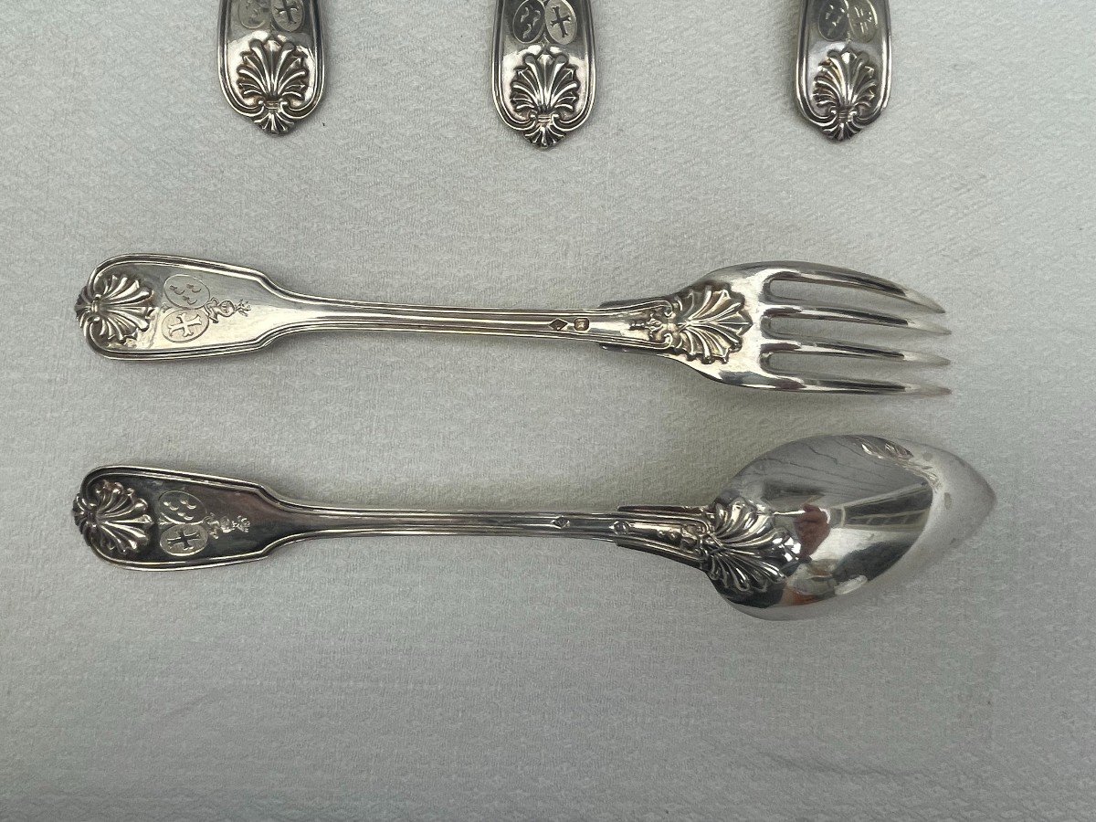 Louis-victor-eloy Lenain 12 Solid Silver Place Settings With Salvert & Serpette De Berseaucourt Coat Of Arms-photo-2