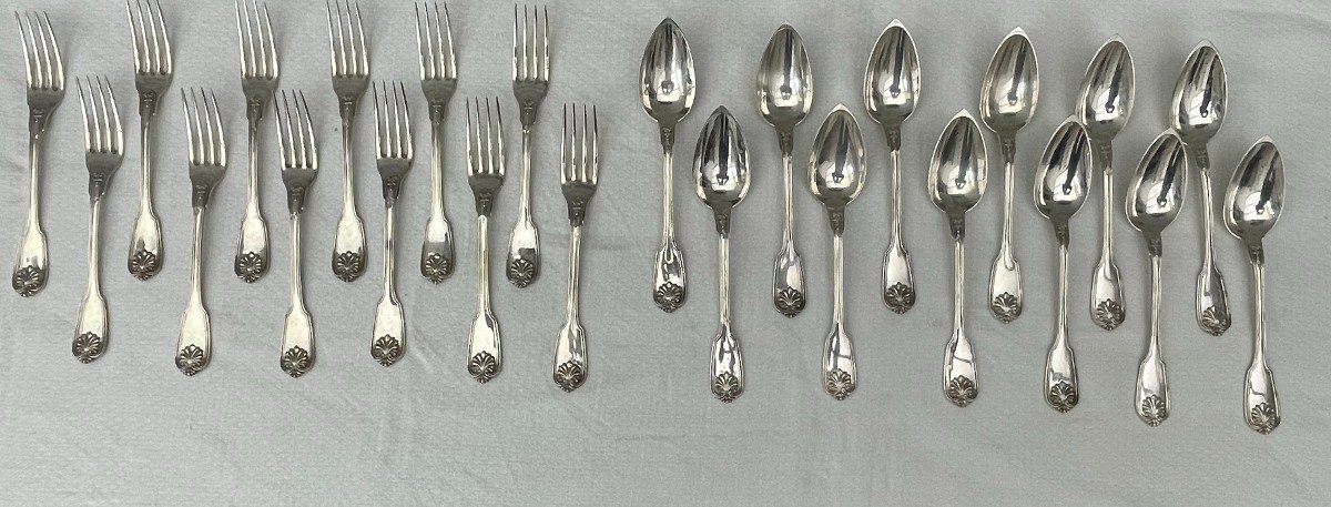 Louis-victor-eloy Lenain 12 Solid Silver Place Settings With Salvert & Serpette De Berseaucourt Coat Of Arms-photo-4