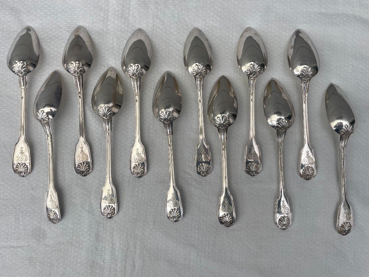 Louis-victor-eloy Lenain 12 Solid Silver Place Settings With Salvert & Serpette De Berseaucourt Coat Of Arms-photo-5