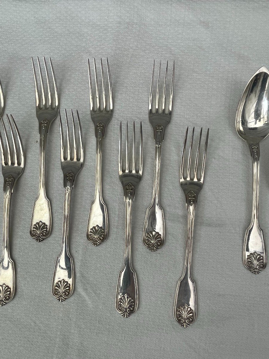 Louis-victor-eloy Lenain 12 Solid Silver Place Settings With Salvert & Serpette De Berseaucourt Coat Of Arms-photo-8