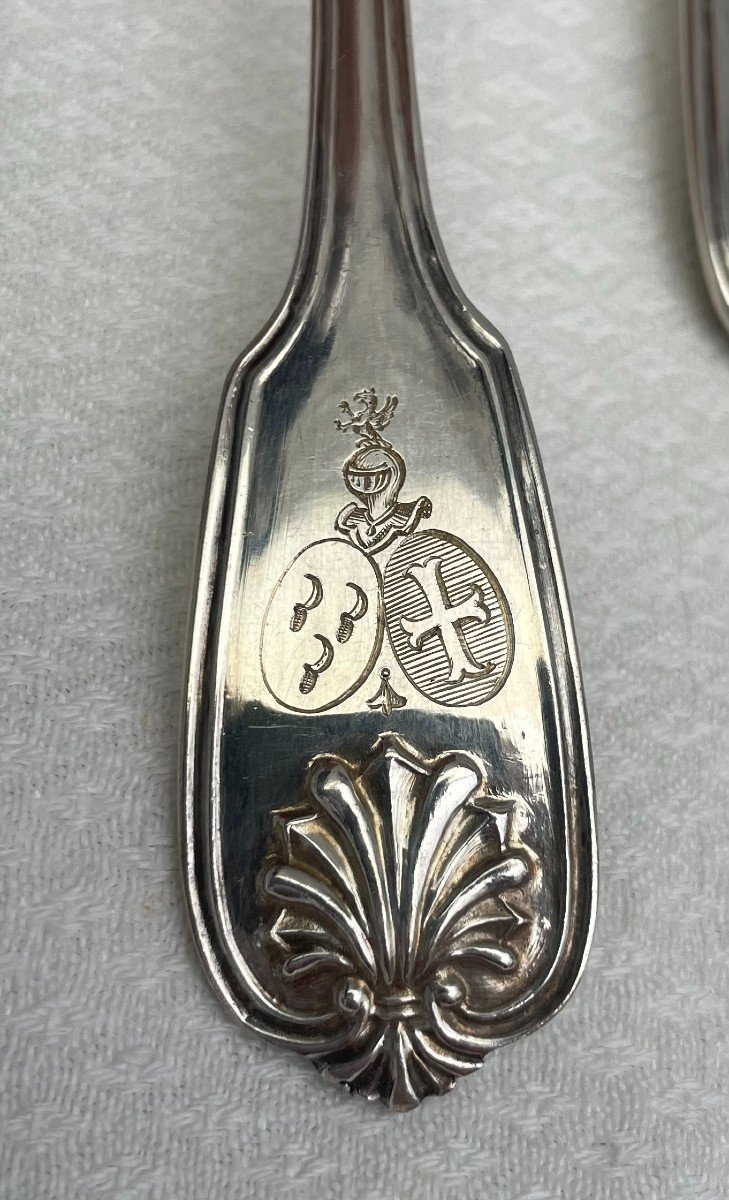 Louis-victor-eloy Lenain 12 Solid Silver Place Settings With Salvert & Serpette De Berseaucourt Coat Of Arms