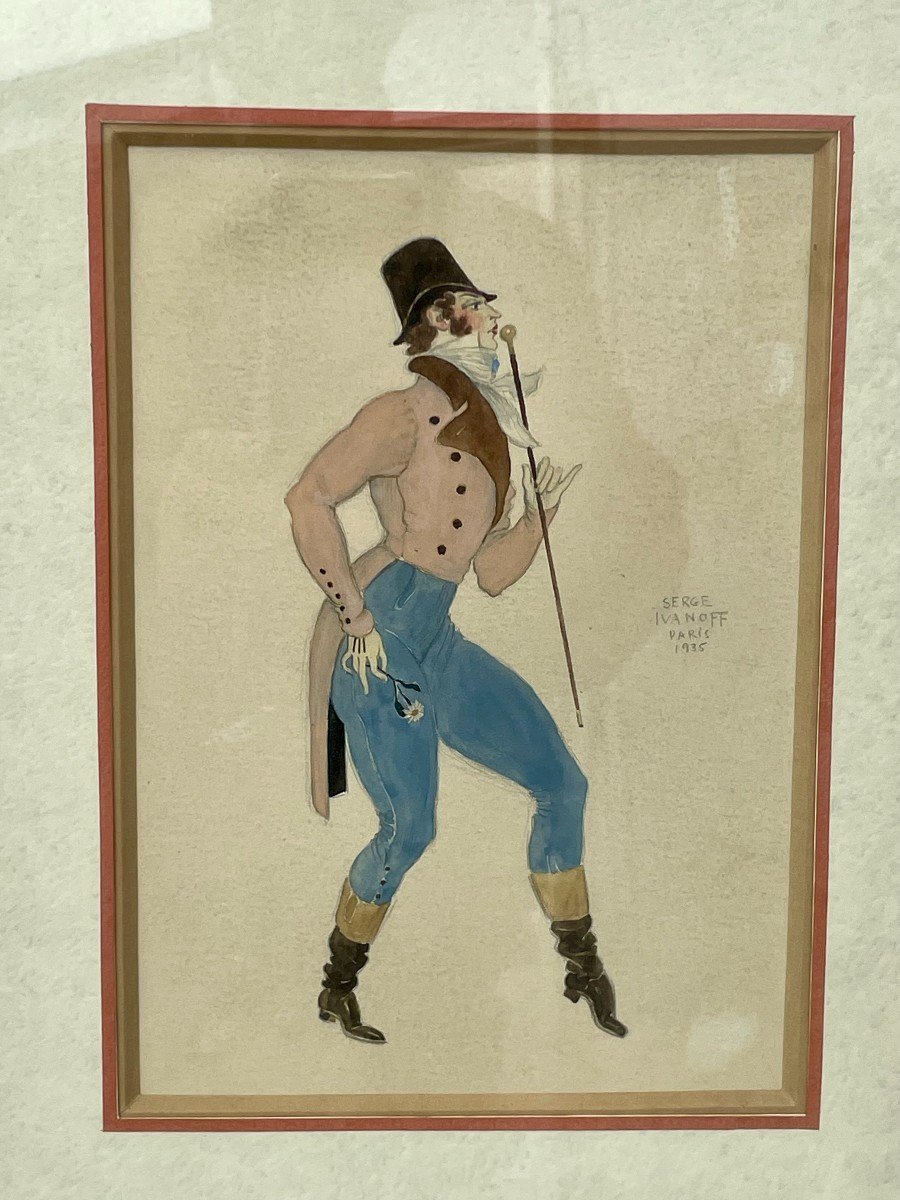 Serge IVANOFF (Moscou 1893-Paris 1983) Russe Dandy Crayon et aquarelle signé daté  Paris 1935-photo-1