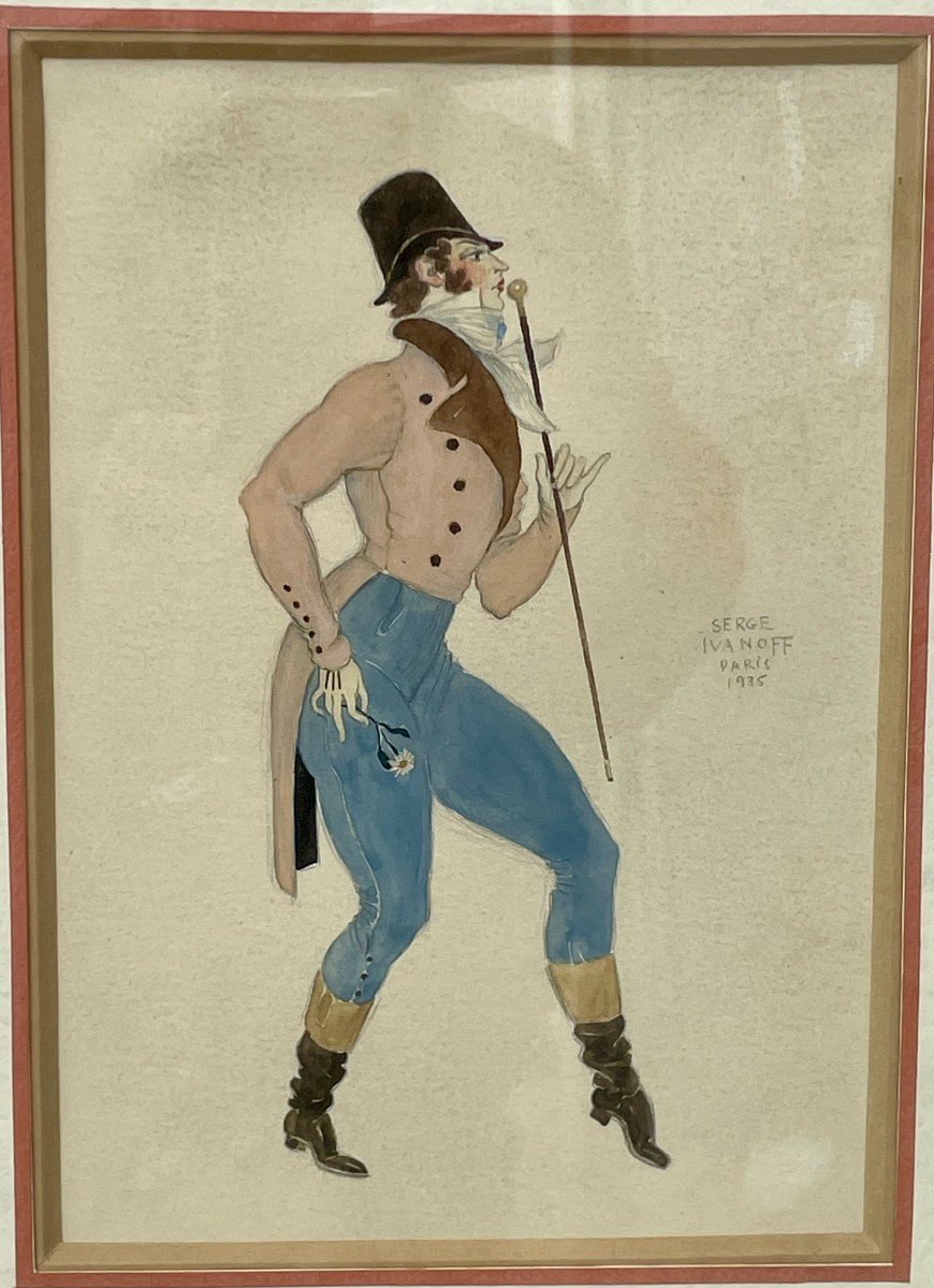 Serge IVANOFF (Moscou 1893-Paris 1983) Russe Dandy Crayon et aquarelle signé daté  Paris 1935