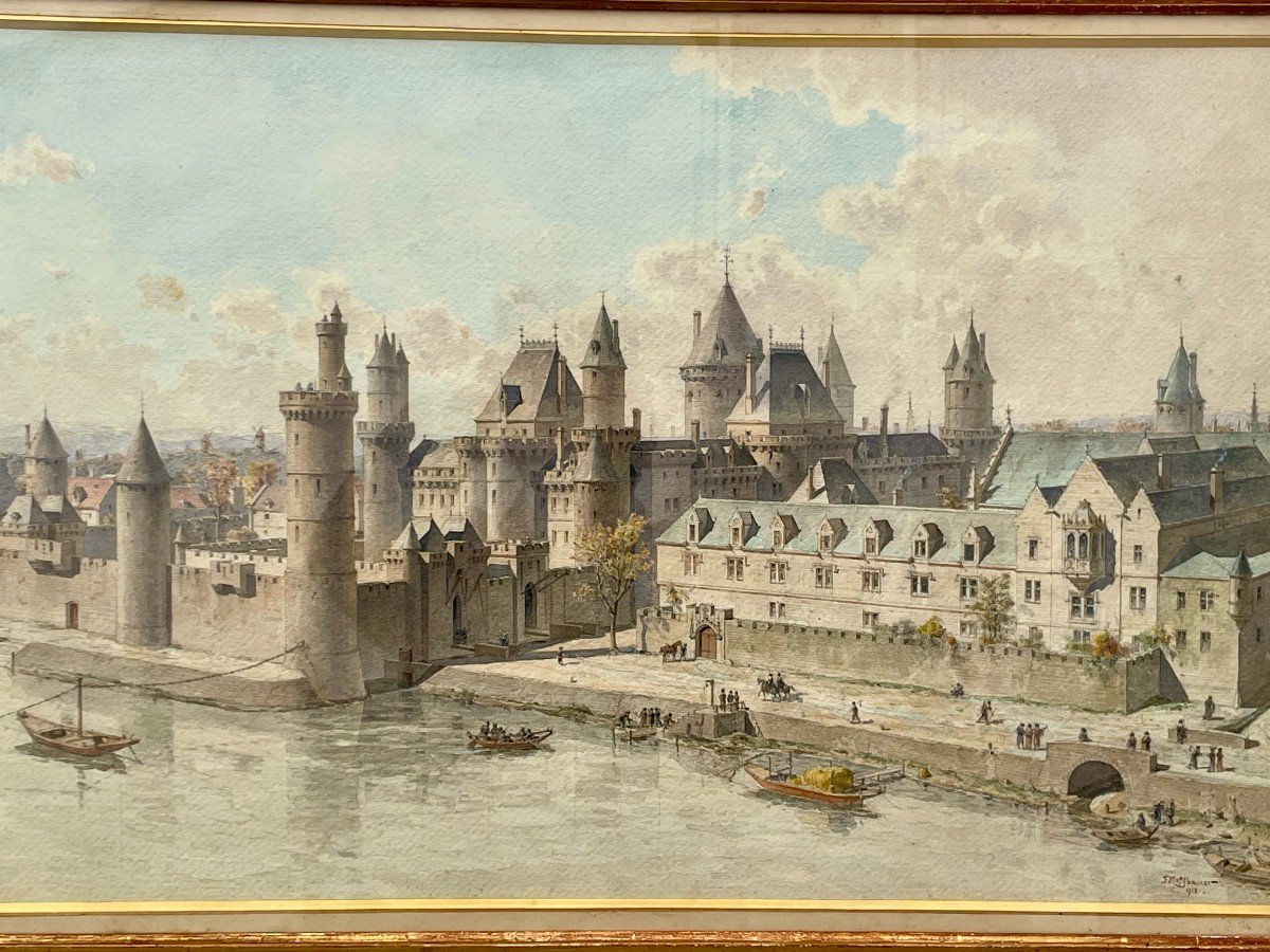 Theodor Josef Hubert HOFFBAUER (1839-1922) importante aquarelle crayon Palais du Louvre 45X70cm-photo-8