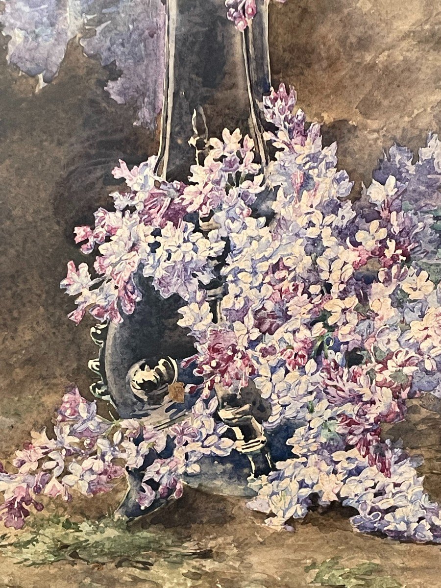 Madeleine LEMAIRE (1845-1928) Nature morte au vase de fleurs de Violettes aquarelle 77X55 cm -photo-2