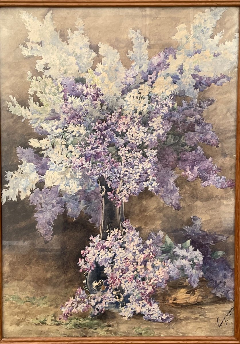 Madeleine Lemaire (1845-1928) Still Life With Vase Of Violet Flowers Watercolor 77x55 Cm -photo-3