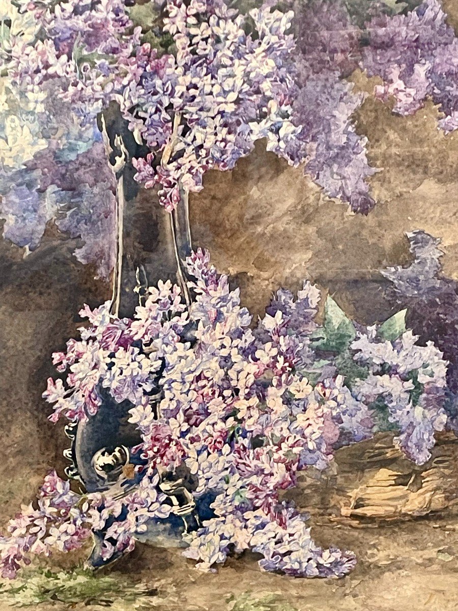 Madeleine LEMAIRE (1845-1928) Nature morte au vase de fleurs de Violettes aquarelle 77X55 cm -photo-1