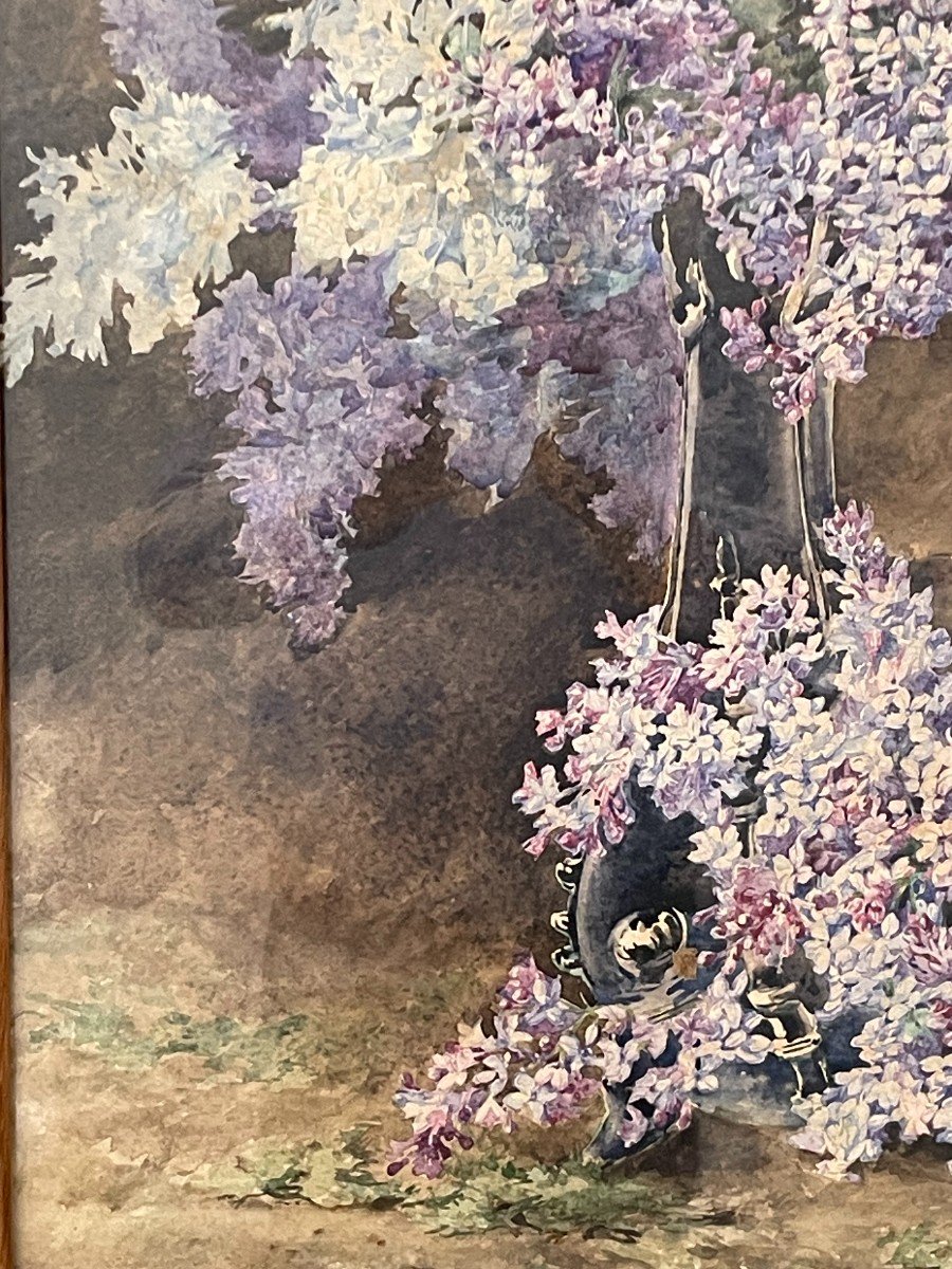 Madeleine LEMAIRE (1845-1928) Nature morte au vase de fleurs de Violettes aquarelle 77X55 cm -photo-2