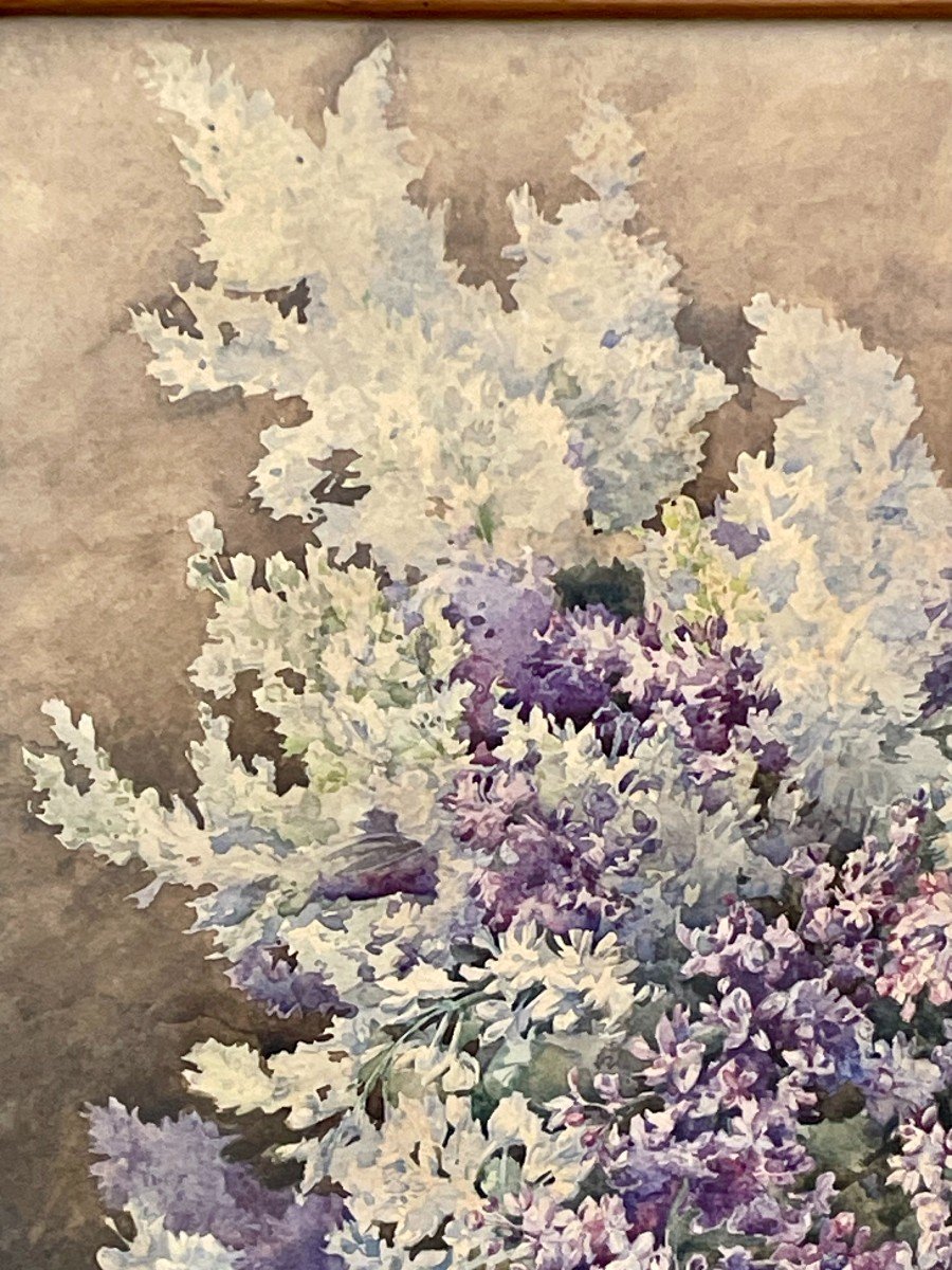 Madeleine LEMAIRE (1845-1928) Nature morte au vase de fleurs de Violettes aquarelle 77X55 cm -photo-3