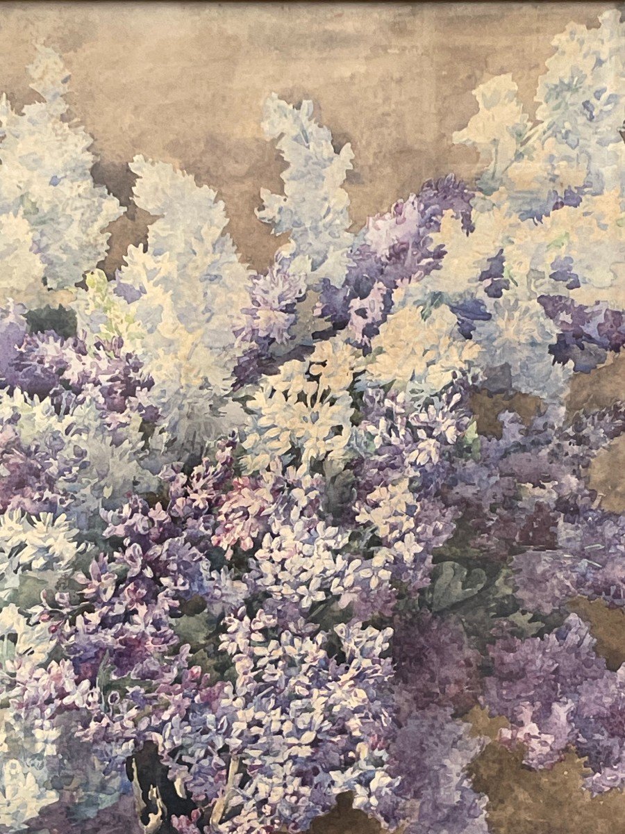 Madeleine LEMAIRE (1845-1928) Nature morte au vase de fleurs de Violettes aquarelle 77X55 cm -photo-7