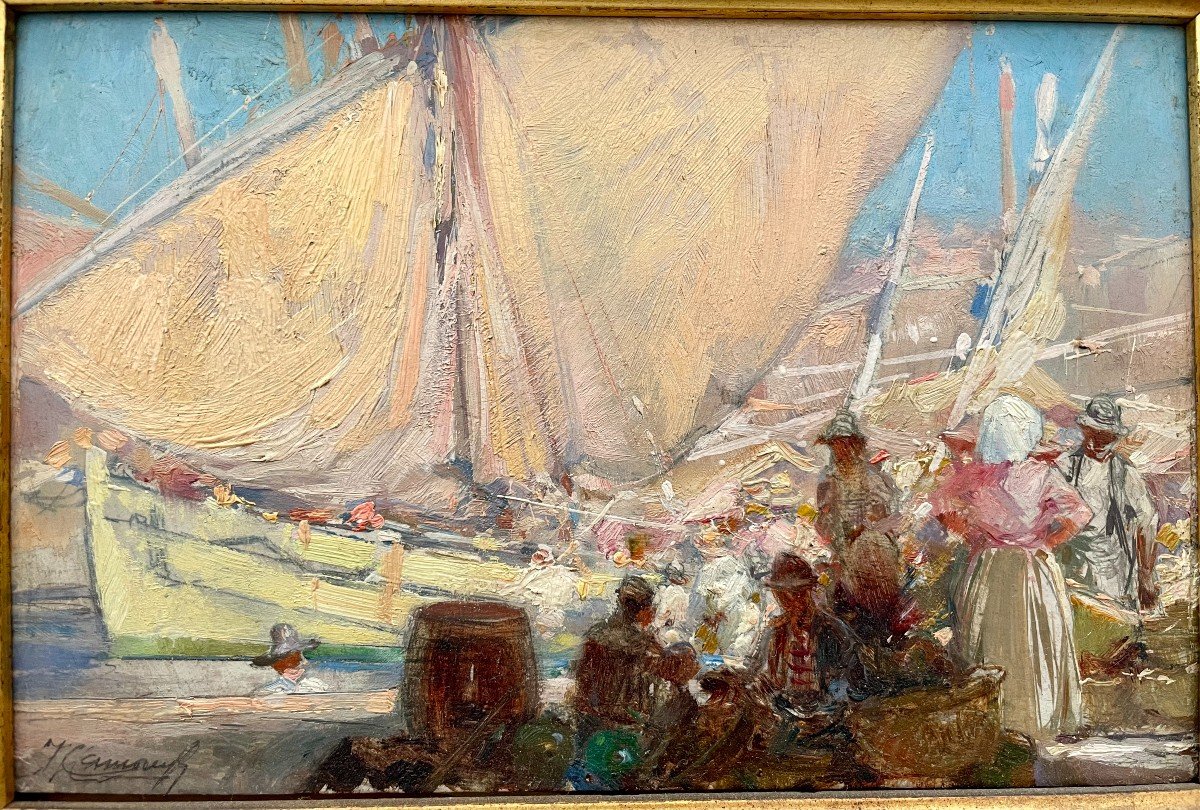 Jacques Marie Omer Camoreyt Born In 1871 XIX-xxth Oil Boats At Quay Port In The Mediterranean Sea -photo-3