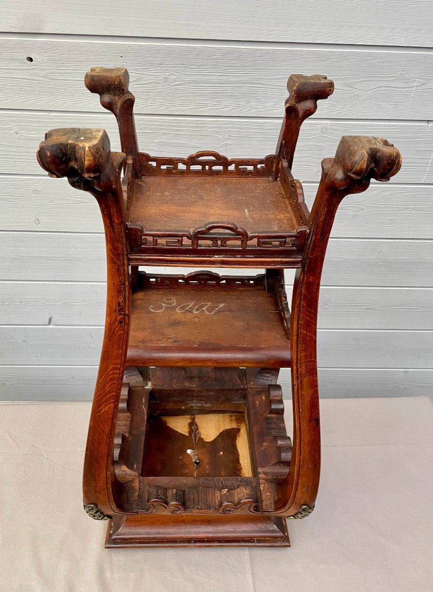 Gabriel Viardot 1830-1904 (attributed To) Stool In Carved Natural Wood, Chinese Style, 19th Century-photo-3