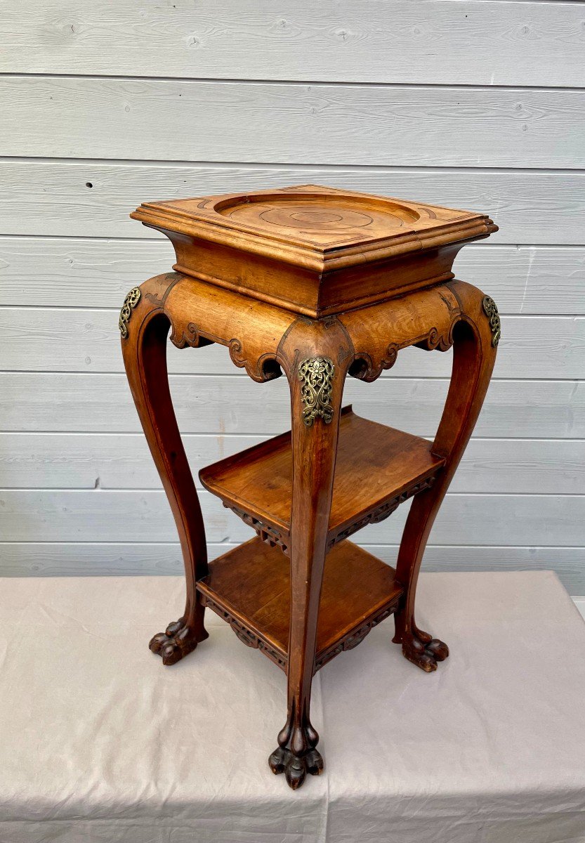 Gabriel Viardot 1830-1904 (attributed To) Stool In Carved Natural Wood, Chinese Style, 19th Century