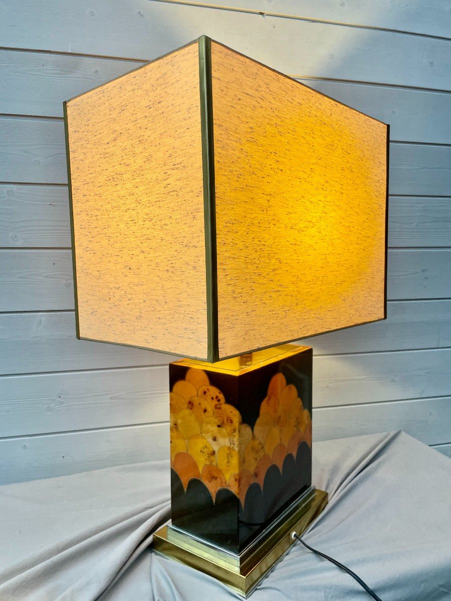 Jean-Claude MAHEY (1944) Lampe de salon d'ambiance circa 1970 design bois vernis exotique  68cm-photo-3