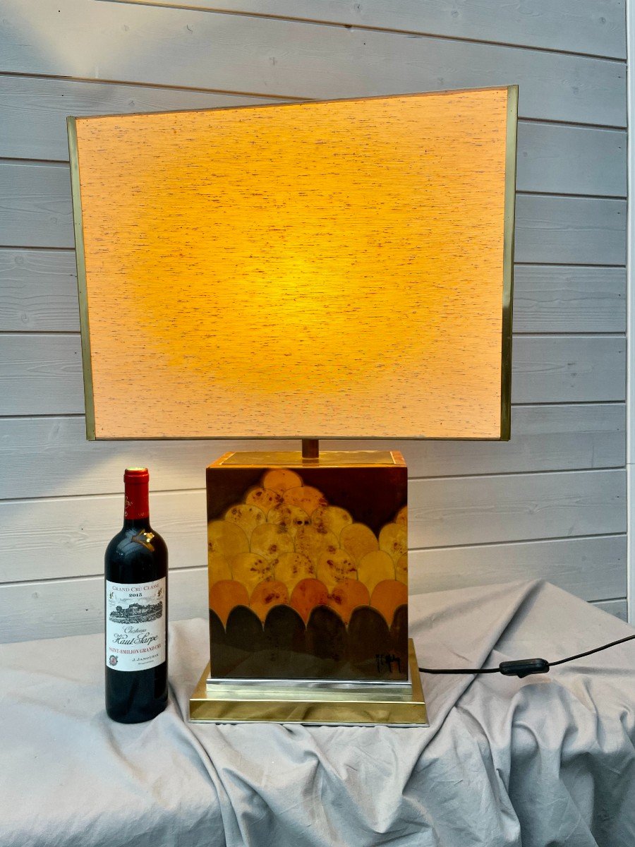 Jean-Claude MAHEY (1944) Lampe de salon d'ambiance circa 1970 design bois vernis exotique  68cm-photo-1