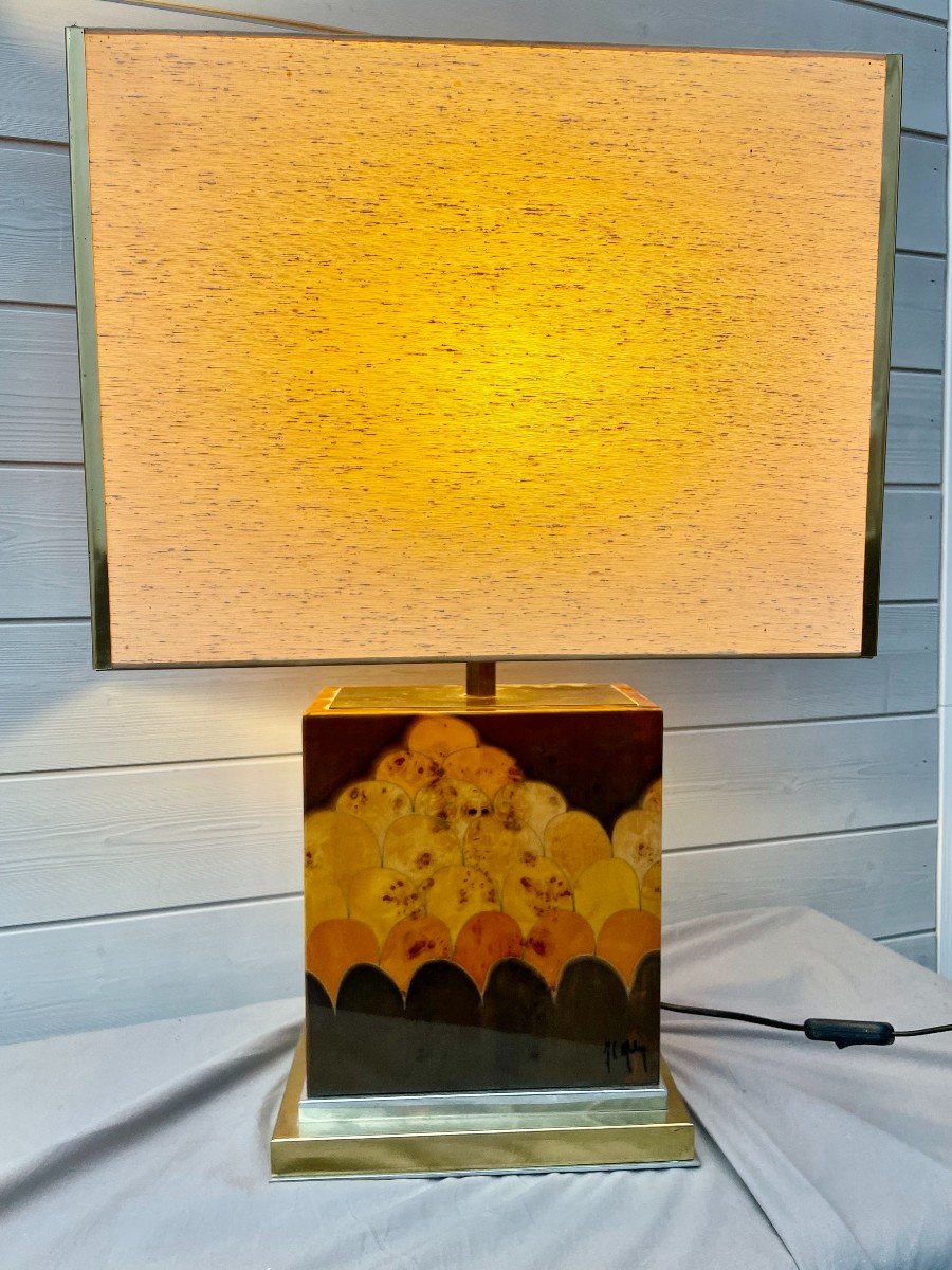 Jean-Claude MAHEY (1944) Lampe de salon d'ambiance circa 1970 design bois vernis exotique  68cm